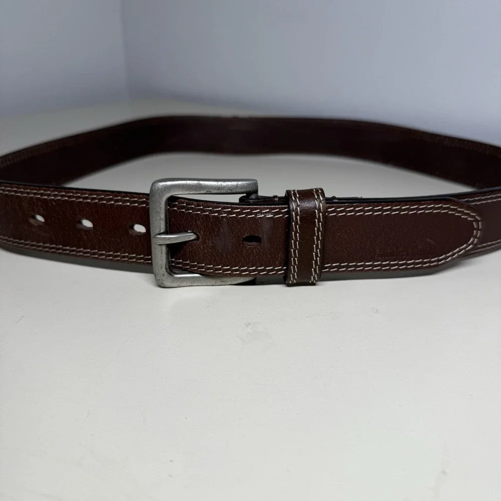 Men's Belt Size 32/82 Timberland Brown Leather Double Stitched Leather